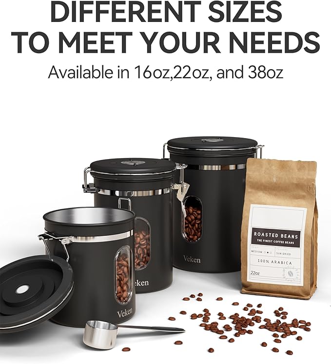Veken Coffee Canister with Window, Airtight Stainless Steel Kitchen Food