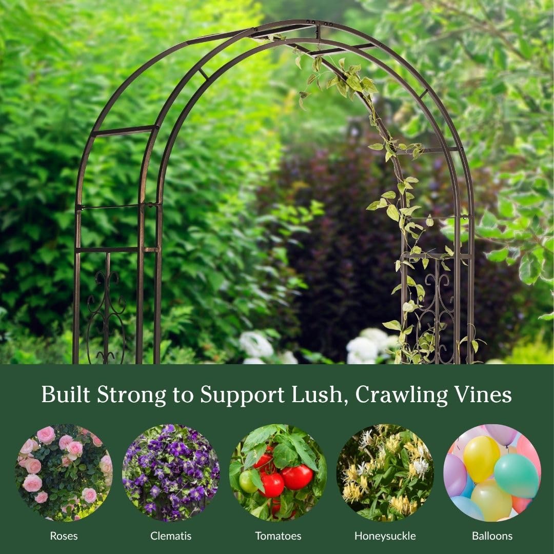 Plow & Hearth Arch Metal Outdoor Garden Arbor Montebello Gunmetal 7 Feet Tall, Steel Iron Trellis Lattice for Climbing Plants & Heavy Vines Wedding Arch Outdoor Patio Décor
