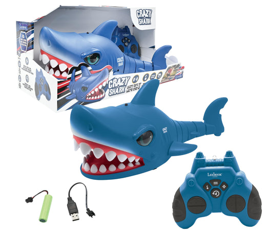 LEXIBOOK - Crazy Shark - Remote Control Shark, Up to 5 km/h (3mph), Automatic hunt and dance modes, programmable, Music effects, Blue, SHARK01