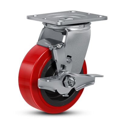 5 Inch Caster Wheels, Polyurethane on Polyolefin Core Wheel- Capacity up to 1000 Lbs Per, Use for Platform Truck, Industrial Equipment (1 Brake)