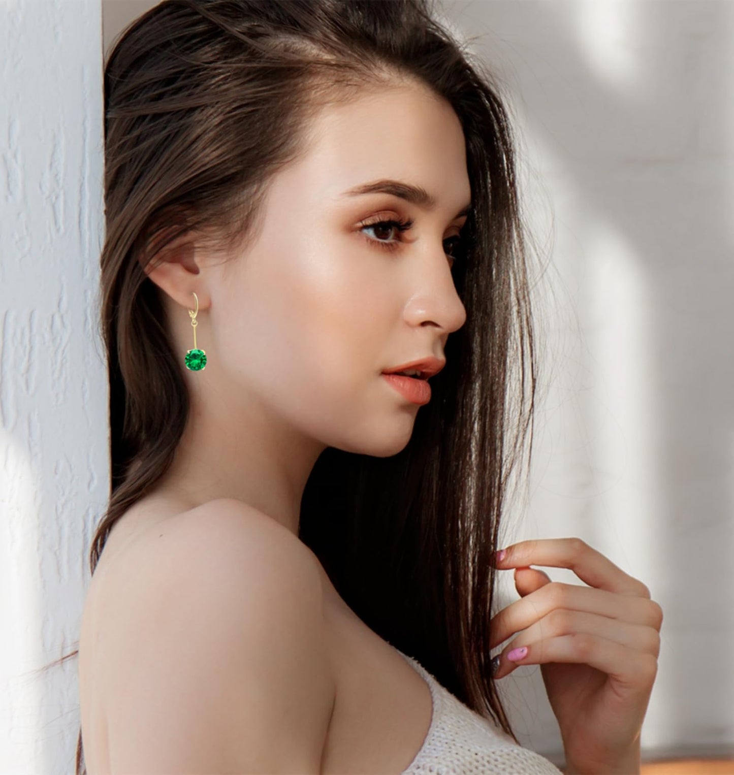 VONSSY Gemstone Drop Dangle Earrings | Platinum/Gold Plated Leverback Crystal Cubic Zirconia Hanging Red/Pink/Blue Earrings (Green-Gold)