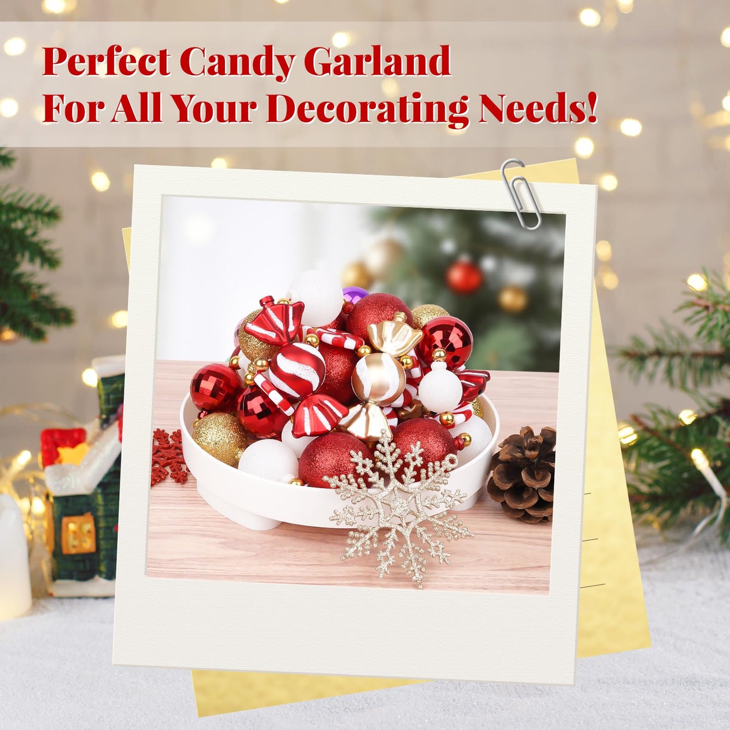 Candy Garland Christmas Decorations 9FT, Red White Gold Candy Bead Garland for Christmas Tree, Mantle, Party, and Holiday Decor