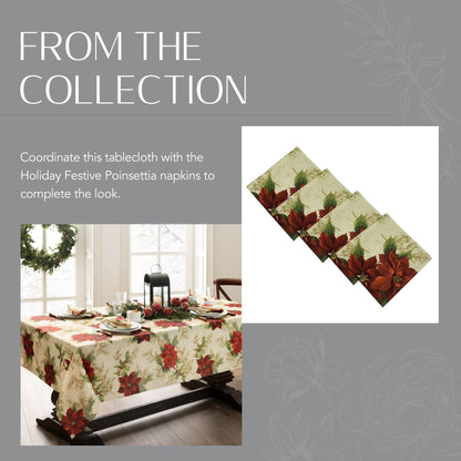 Elrene Home Fashions Festive Poinsettia Holiday Wrinkle Resistant Fabric Tablecloth, Multi, 60"x84" Rectangle