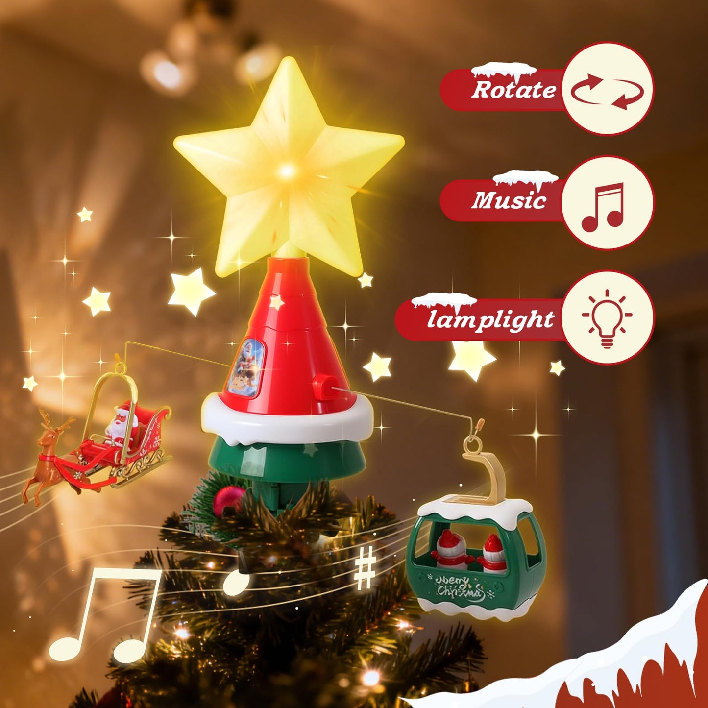 Rotating Christmas Tree Topper Star - Featuring LED Lights and Festive Music, Electric Music Sprite, Good, Easy Installation,USB Powered Musical Decoration Creating Christmas Atmosphere