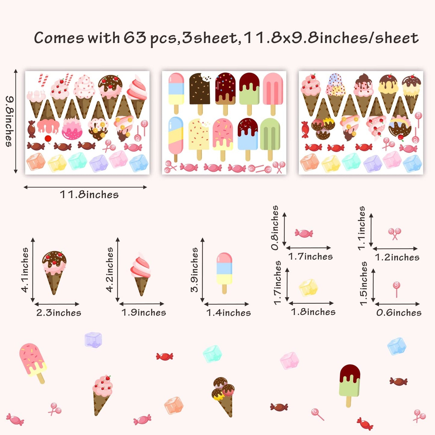 Barri Design Ice Cream Wall Decals Candy Wall Stickers Removable Summer Wall Decals Peel and Stick Ice Cream Cone Decal Cute Decal for Kids Room Bedroom Nursery Party Decoration