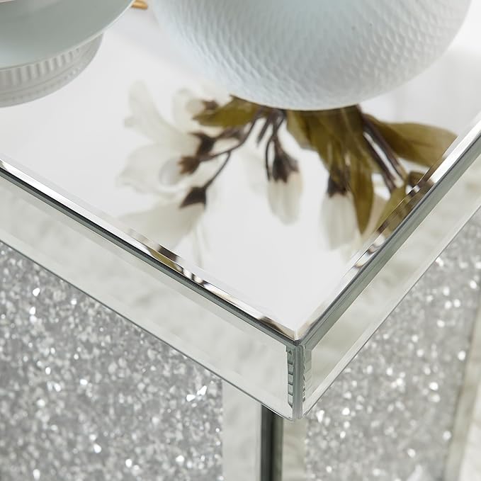 Silver Mirrored End Table with Crystal, Modern Side Accent Table, Square Small