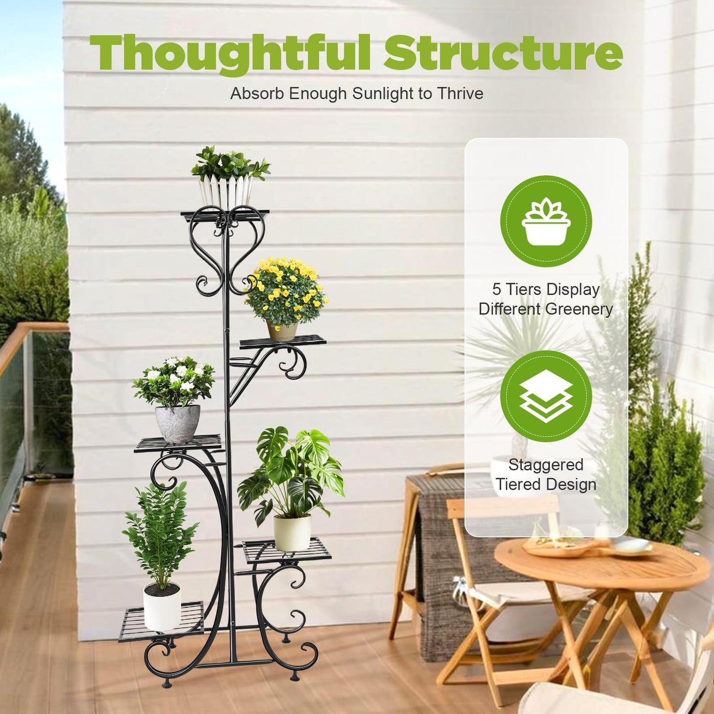 HinLIaDa 5 Tier Plant Stand Indoor, Black Metal Tall Flower Holder Rack with Multiple Shelf, Tiered Corner Flower Holder Shelf, Planter Display Rack for Patio Garden Balcony Living Room Bedroom Decor