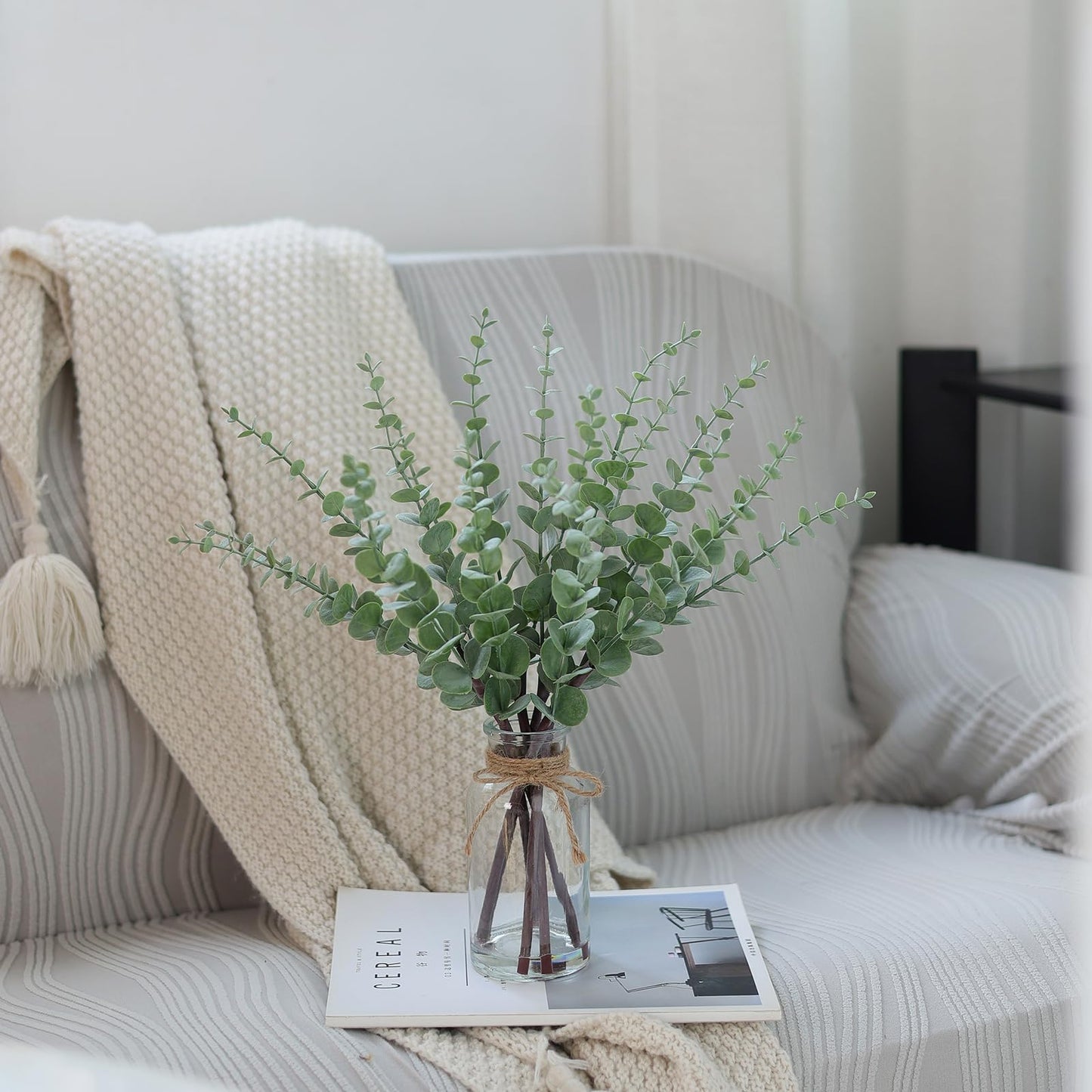 VIERENA 17.5" Artificial Eucalyptus Stems in Glass Vase with Faux Water,Fake Plant Eucalyptus Leaves White Seeds for Centerpiece Table Decorations Farmhouse Wedding Home Greenery Decor (Sage Green)