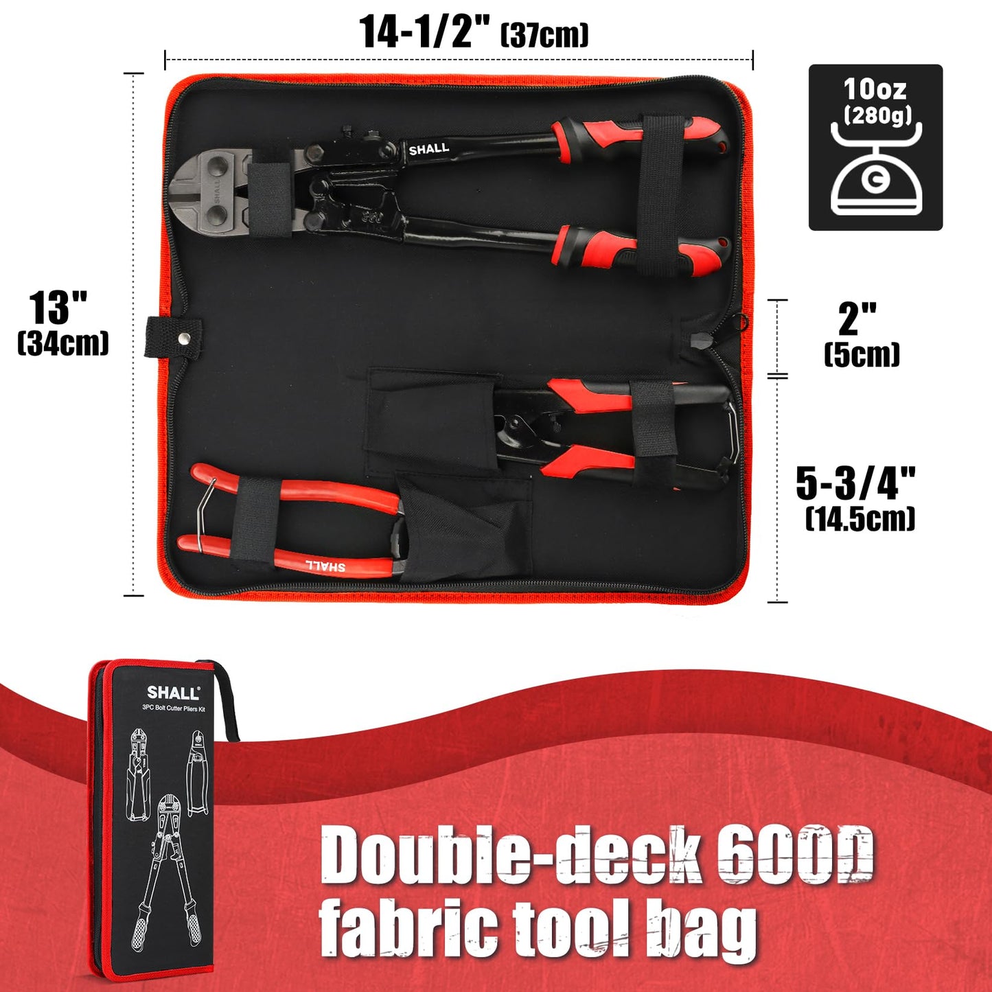 SHALL 3-Piece Bolt Cutters, 14" Heavy Duty Bolt Cutter, 8" Mini Bolt Cutter, 8" Wire Rope Cutter, Ergonomic Handle, More Efficient Leverage for Cutting Locks, Chains, Iron Wire, Carrying Case Included