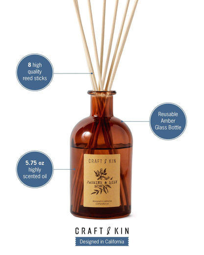 Craft & Kin Sage, Mint & Lavender Reed Diffuser | All Natural Essential Oil & 8 Rattan Scent Sticks | Reed Diffusers for Home, Bathroom | Long Lasting Home Fragrance in Amber Glass, 5.75oz