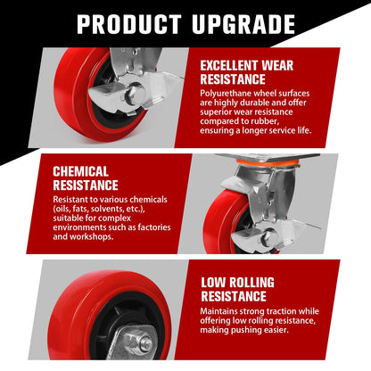 5"x2" Polyurethane Wheels- Heavy Duty Casters Set of 4, Industrial Grade Polyurethane Casters 4000 lbs Load Capacity. Use for Workbench, Industrial Equipment (2 Brake & 2 Rigid)