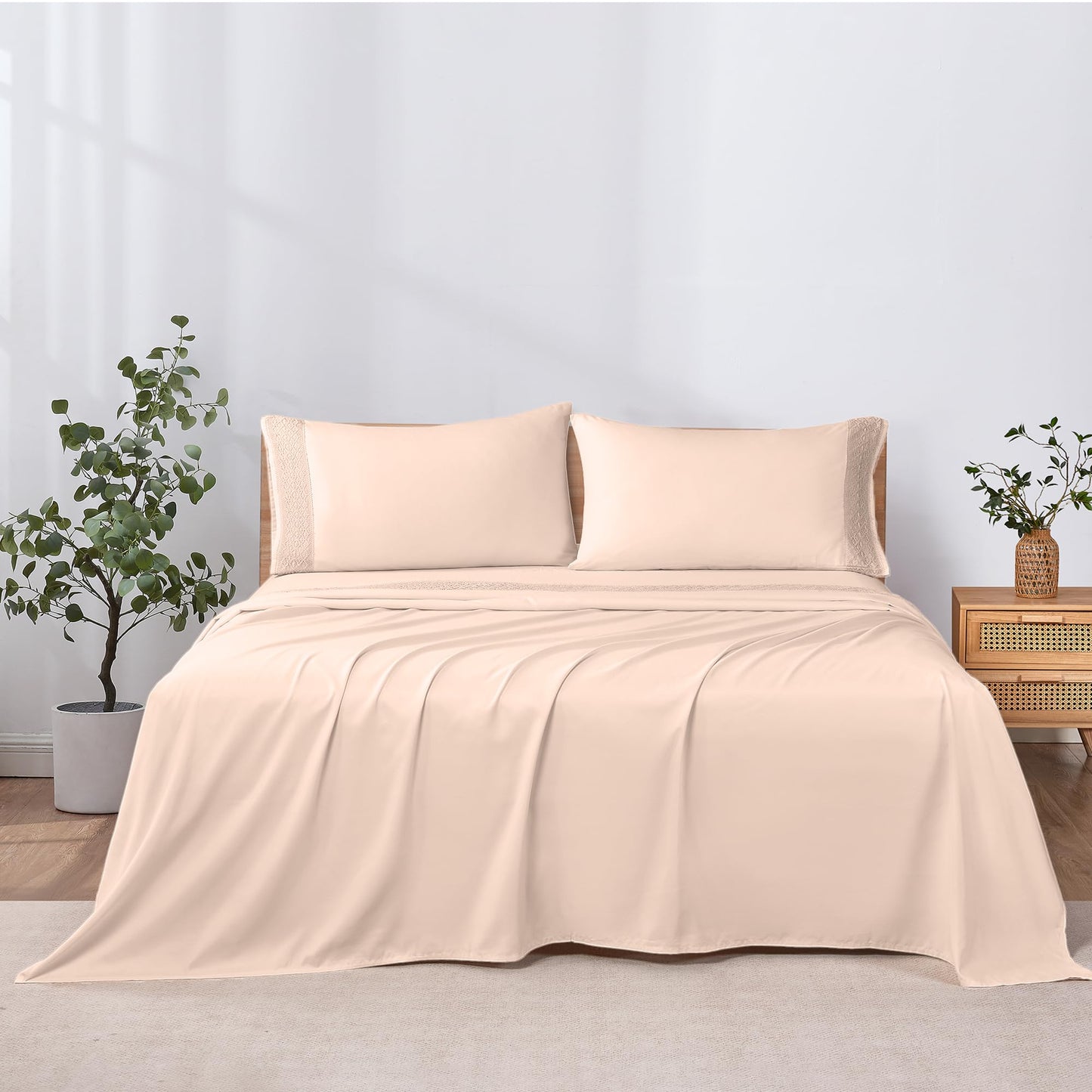 Modern Threads 3 Piece Microfiber Sheet Set – Soft Cooling Bed Sheets with Crochet Lace – Deep Pocket, Wrinkle Free, Breathable, Hotel Luxury Bedding, Blush Pink, Twin