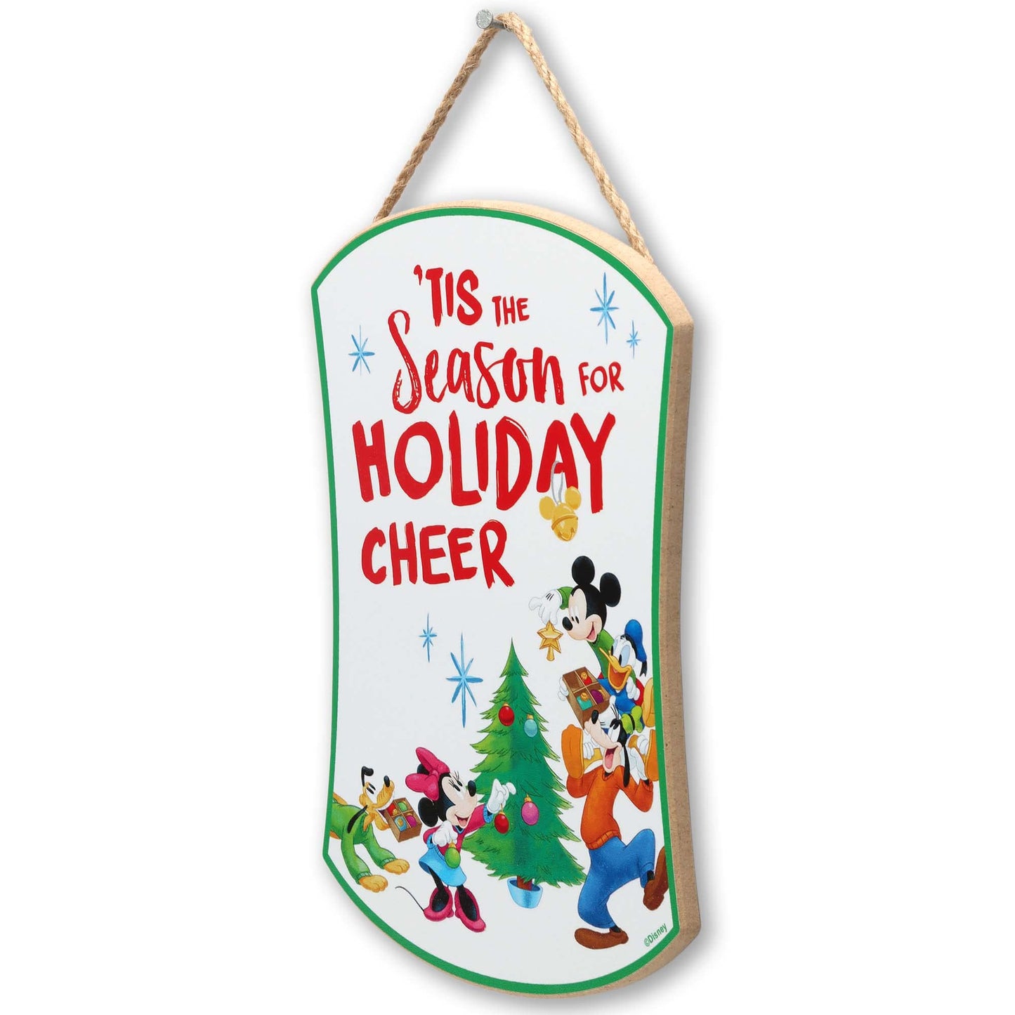 Open Road Brands Disney Mickey Mouse and Friends Holiday Cheer Hanging Wood Wall Decor - Cute Mickey Mouse Christmas Sign