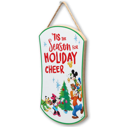 Open Road Brands Disney Mickey Mouse and Friends Holiday Cheer Hanging Wood Wall Decor - Cute Mickey Mouse Christmas Sign