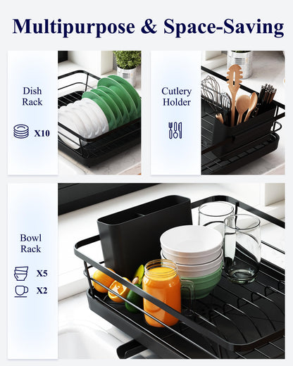 Kitsure Dish Drainer Rack- Space-Saving Dish Drainer, Dish Racks for Kitchen Counter, Stainless Steel Kitchen Drying Rack with a Cutlery Holder, Large, Black