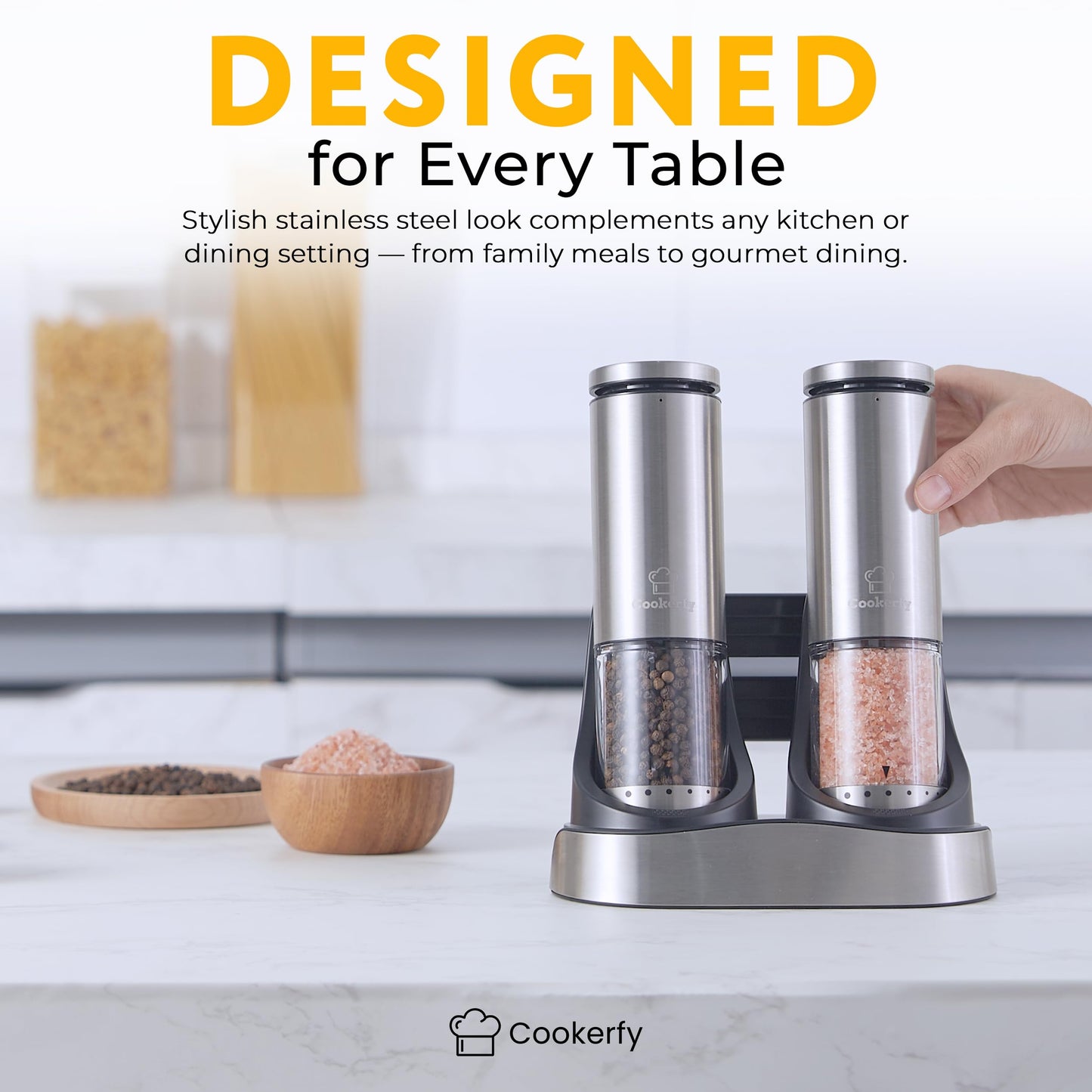 Electric Salt and Pepper Grinder Set Rechargeable Base, Stainless Steel Automatic Electric Salt and Pepper Shakers Set, Led Light, 95ml Capacity Refillable, 6 Coarseness Levels. Kitchen Accessories