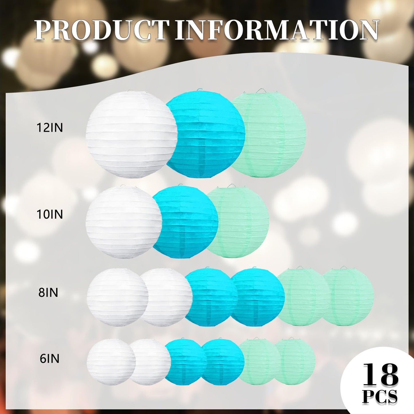 20Pcs Blue Light Blue White Paper Lanterns for Parties, 6” 8” 10” 12” Chinese Asian Hanging Round Paper Lanterns for Birthday Wedding Halloween Christmas Home Decor Party Decor
