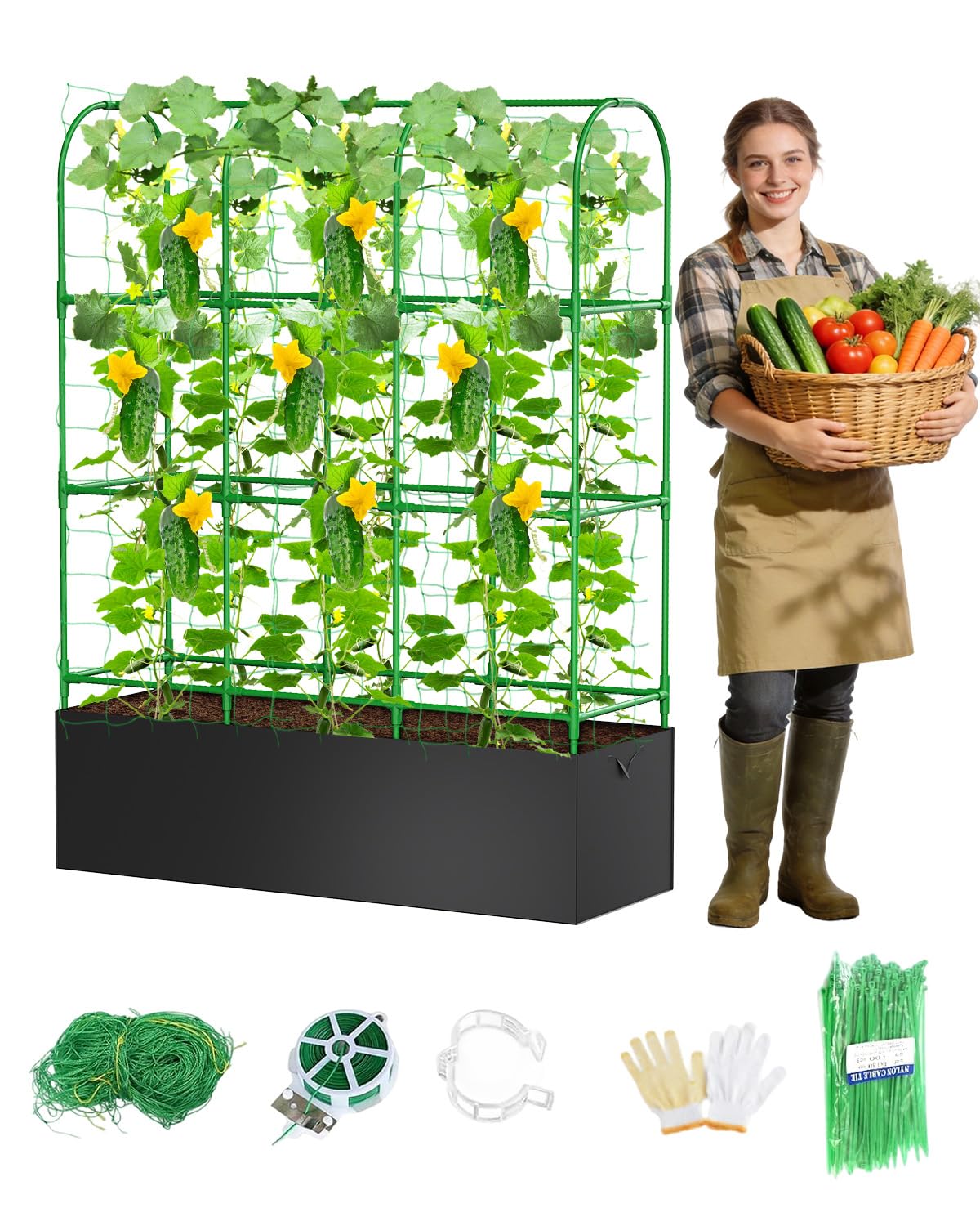 Cucumber Trellis with Grow Bags for Garden, U Frame Garden Trellis for Climbing Plants, Metal Plant Trellis with Garden Netting for Vegetables Flowers Fruits(U-4 Arches)