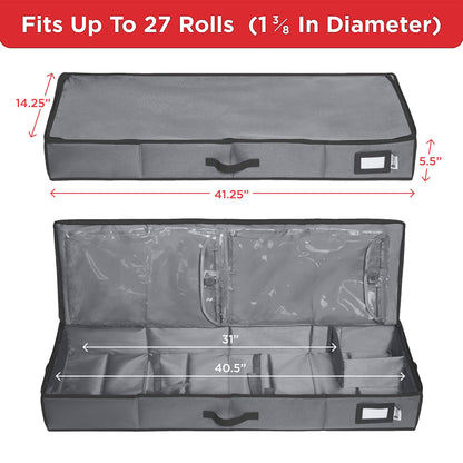 HOLDN’ STORAGE Premium Wrapping Paper Storage Container - Durable 600D Tear-Proof, Fits 27 Rolls Gift Wrap, Extra Pockets for Ribbons & Bows, Underbed Storage - Ideal for Holiday Christmas, Gray