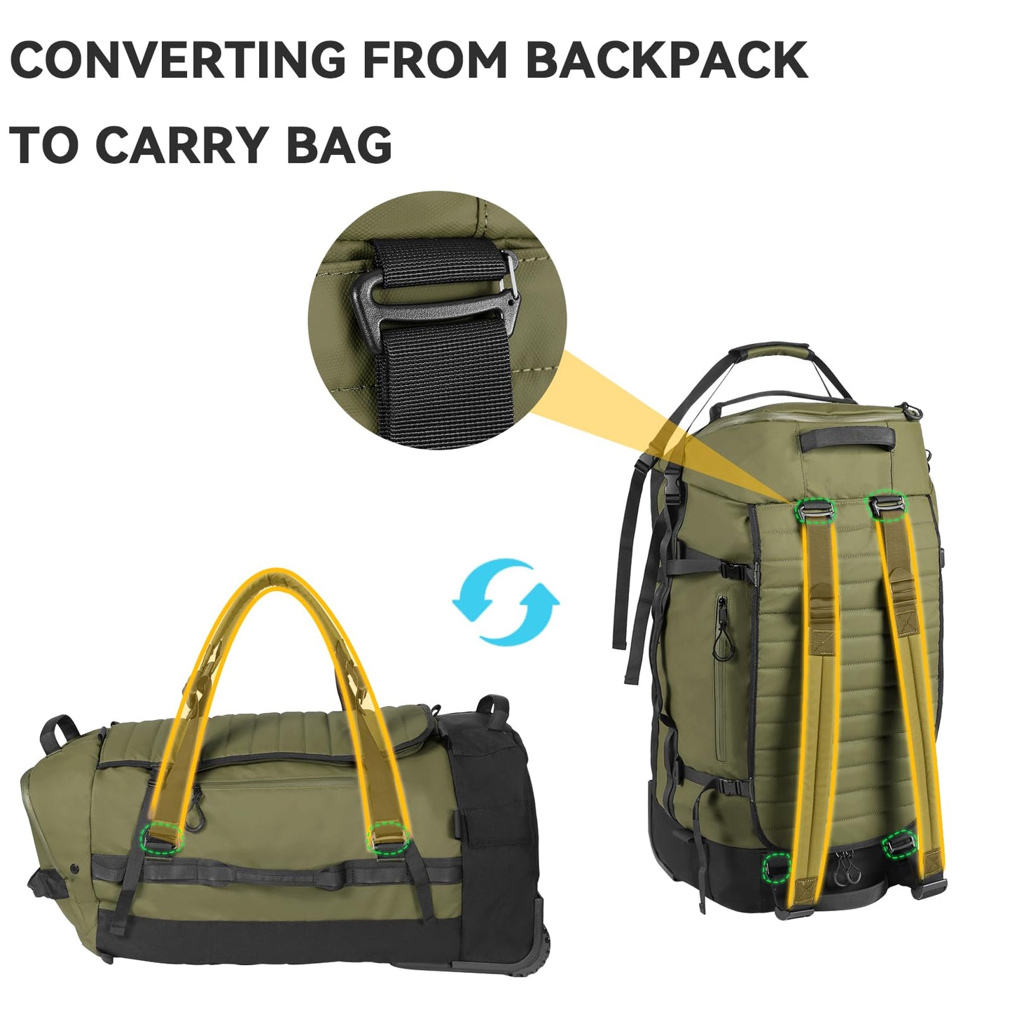 Vrtisa 85L 29“ Foldable Rolling Backpack with Wheels, Soft-side Travel Duffle Bag with Separate Shoe Compartment, Full Quilted Bottom,Army Green