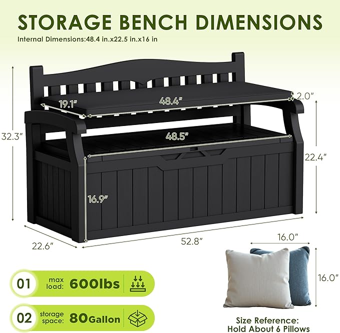 Greesum 80 Gallon Heavy-Duty Outdoor Storage Bench with Cushion, UV-Resistant Resin Bench with Armrest, Deck Box for Garden, Poolside, Patio, Black