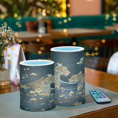 Lights Flameless Candles Golden Leopard Pillar Candles Set of 2 Battery Operated Remote Control Warm Lights Home Decor