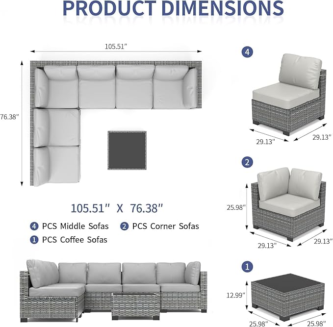 GarveeLife 7 Pieces Patio Furniture Set, Rattan Sectional Patio Sofa Set