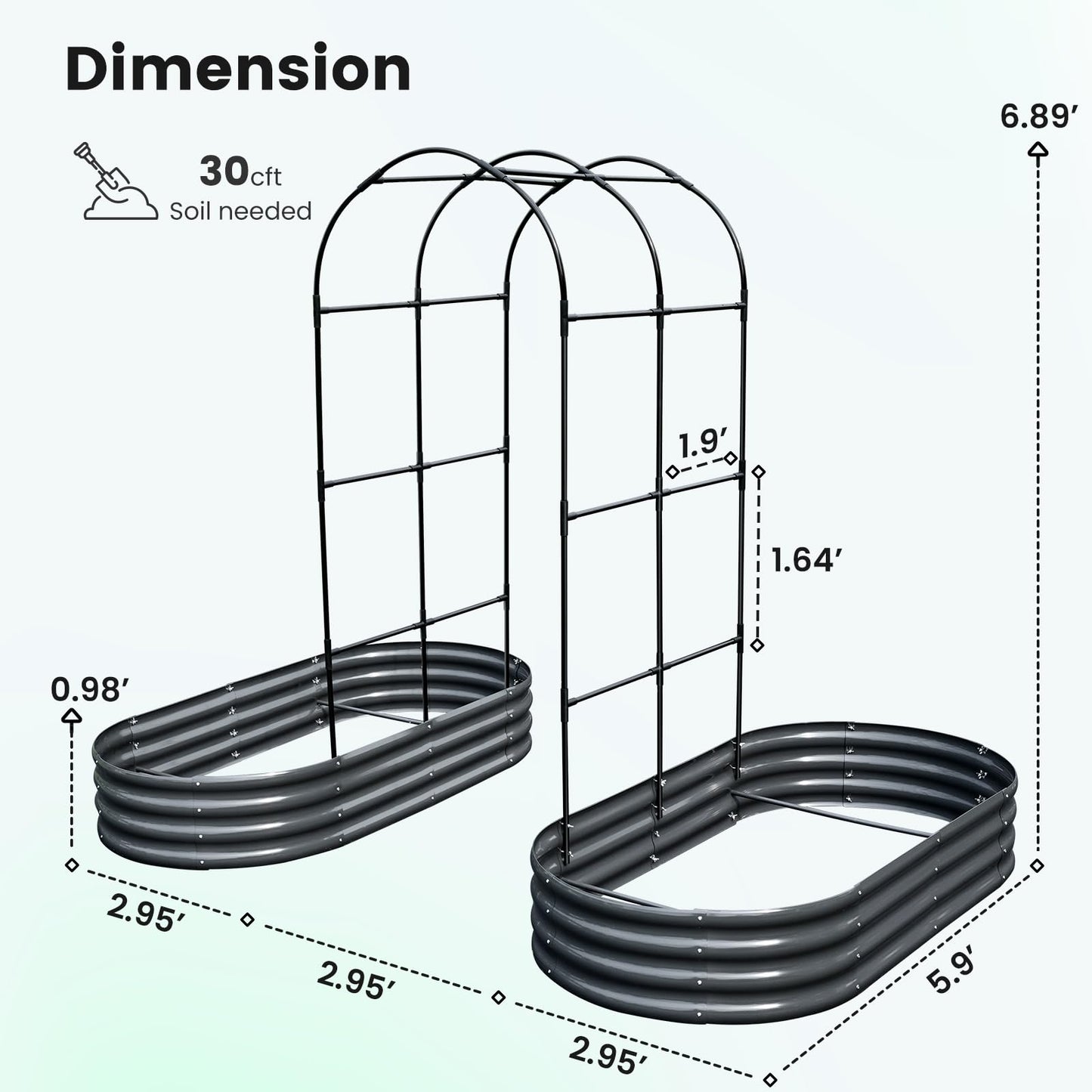 KING BIRD Raised Garden Bed with Arched Trellis Galvanized Planter Garden Box Outdoor for Gardening, Climbing Vegetables, Flowers 5.9x2.95x0.98 Ft 2PCS, Dark Grey