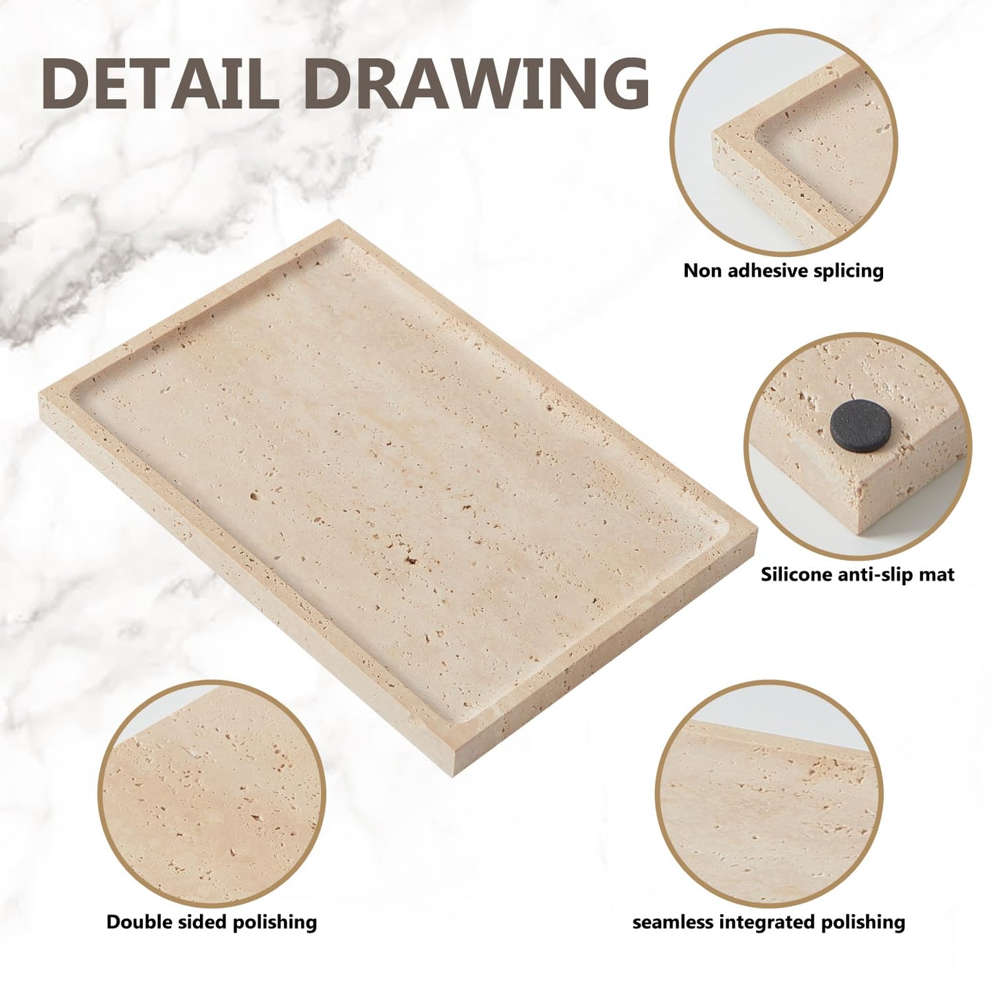 Real Luxurious Natural Travertine Tray - 12x8 Inch Marble Vanity Tray for Perfume Display, Jewelry Organizer, Bathroom & Home Decor -Heavy Duty Non-Slip Stone Tray (Non-Resin/Non-Ceramic)