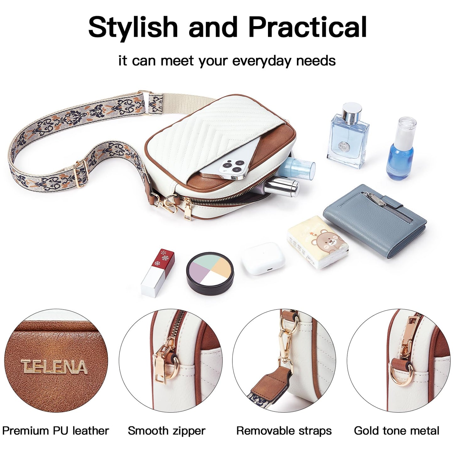 Telena Small Crossbody Bags For Women Vegan Leather Crossbody Purse With Adjustable Wide Strap For Daily Life