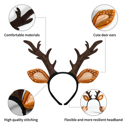 woxafo Deer Antlers Headband, Deer Costume for Women Adults, Cute Reindeer Horns Ears Costume Accessories for Halloween Christmas Cosplay Supplies