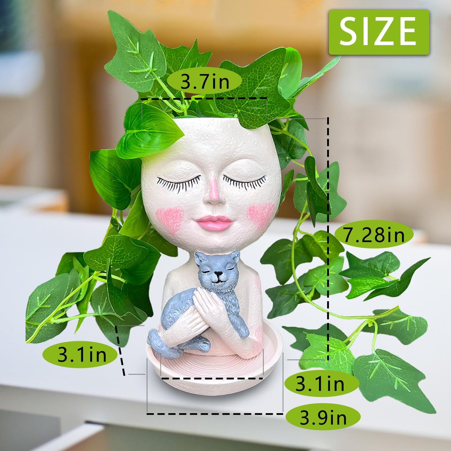 ASDFG Face Plant Pots Head Planters - Face Flower Pot Head Planter with Cat, Succulent Pots with Drainage Hole, Resin Lady Planter for Indoor Outdoor, Home Decor, Mother's Day/Women Gifts