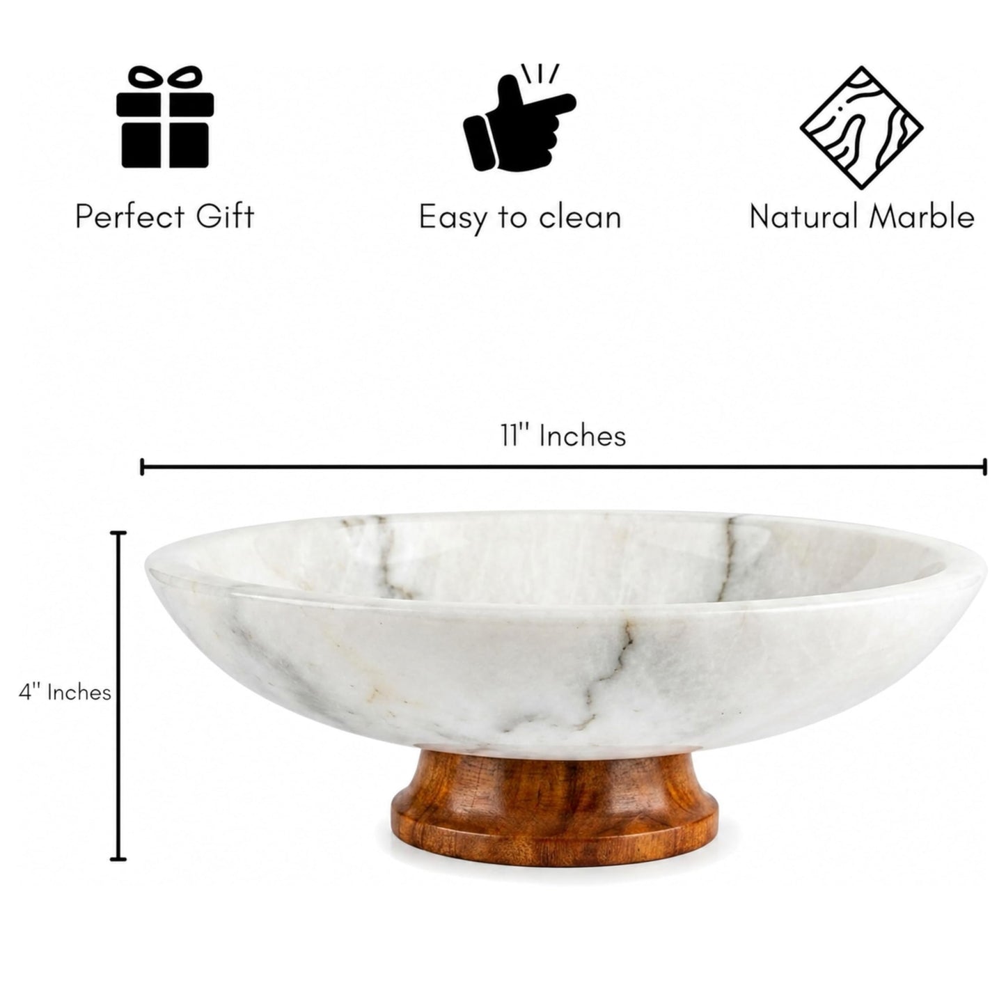 White Marble Fruit Bowl with Pedestal, 11" Large Decorative Centerpiece Bowl for Dining Table, Modern Kitchen Counter Fruit Bowl, Handcrafted Stone Marble Bowl, Luxury Home Decor Accent