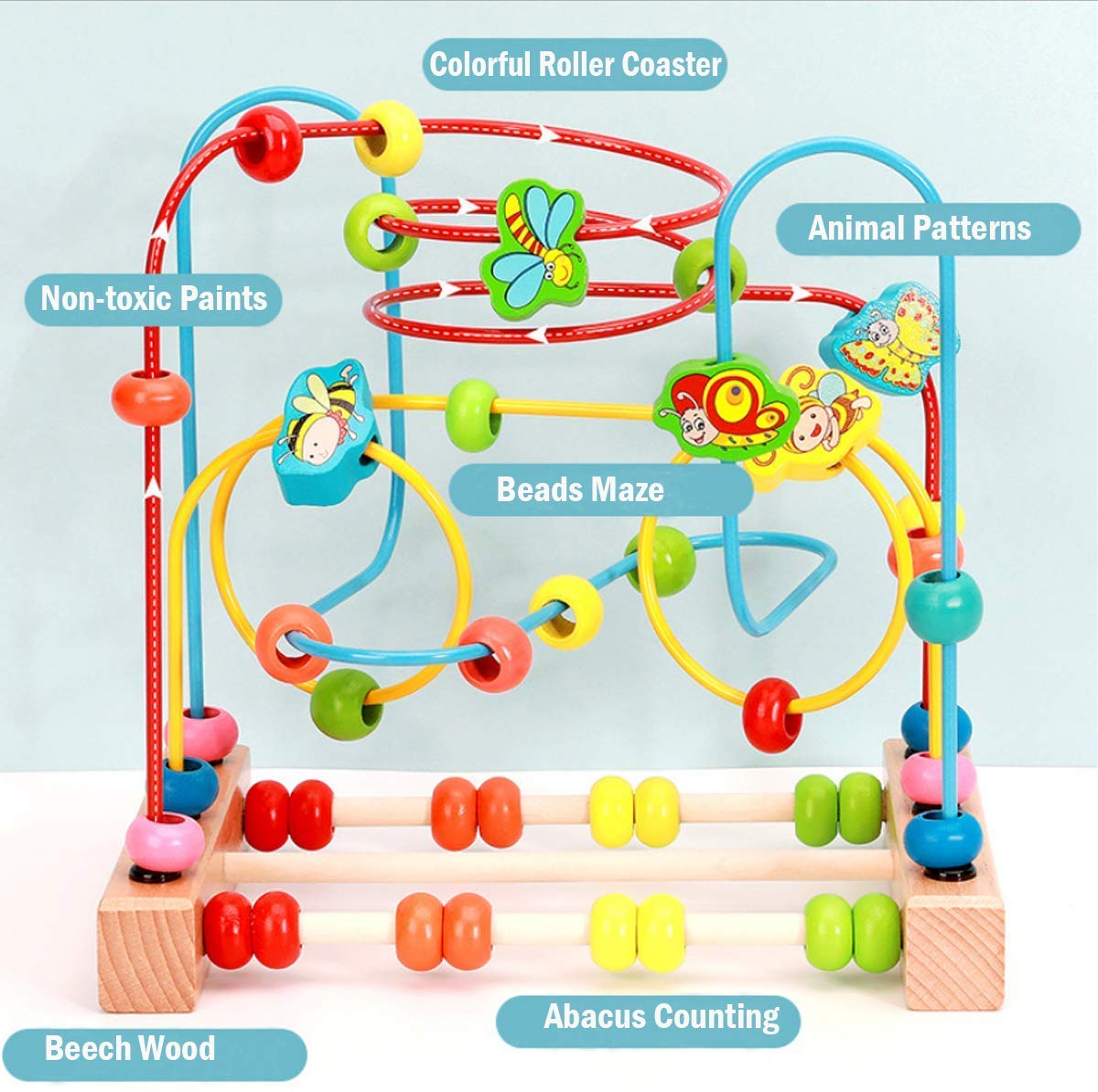 Jacootoys Toddlers Bead Maze Roller Coaster Animal Circle Toys Educational Abacus Beads Game for Boys Girls Baby Gift