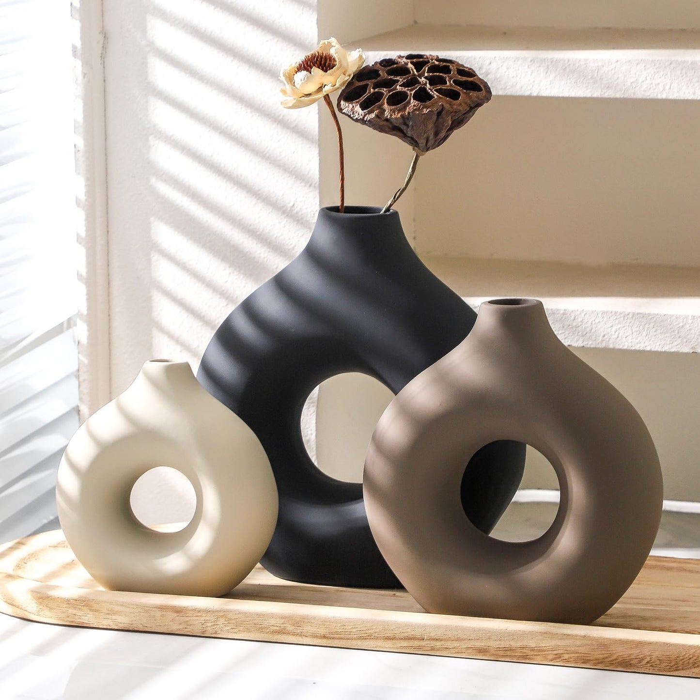 Vanselia Ceramic Vase Home Table Decor - Flower Vases Set of 3 Small Living Room Centerpiece Decorations for Shelf Bedroom Office Kitchen Dining Desk Modern Aesthetic Farmhouse Decorative (Classic)