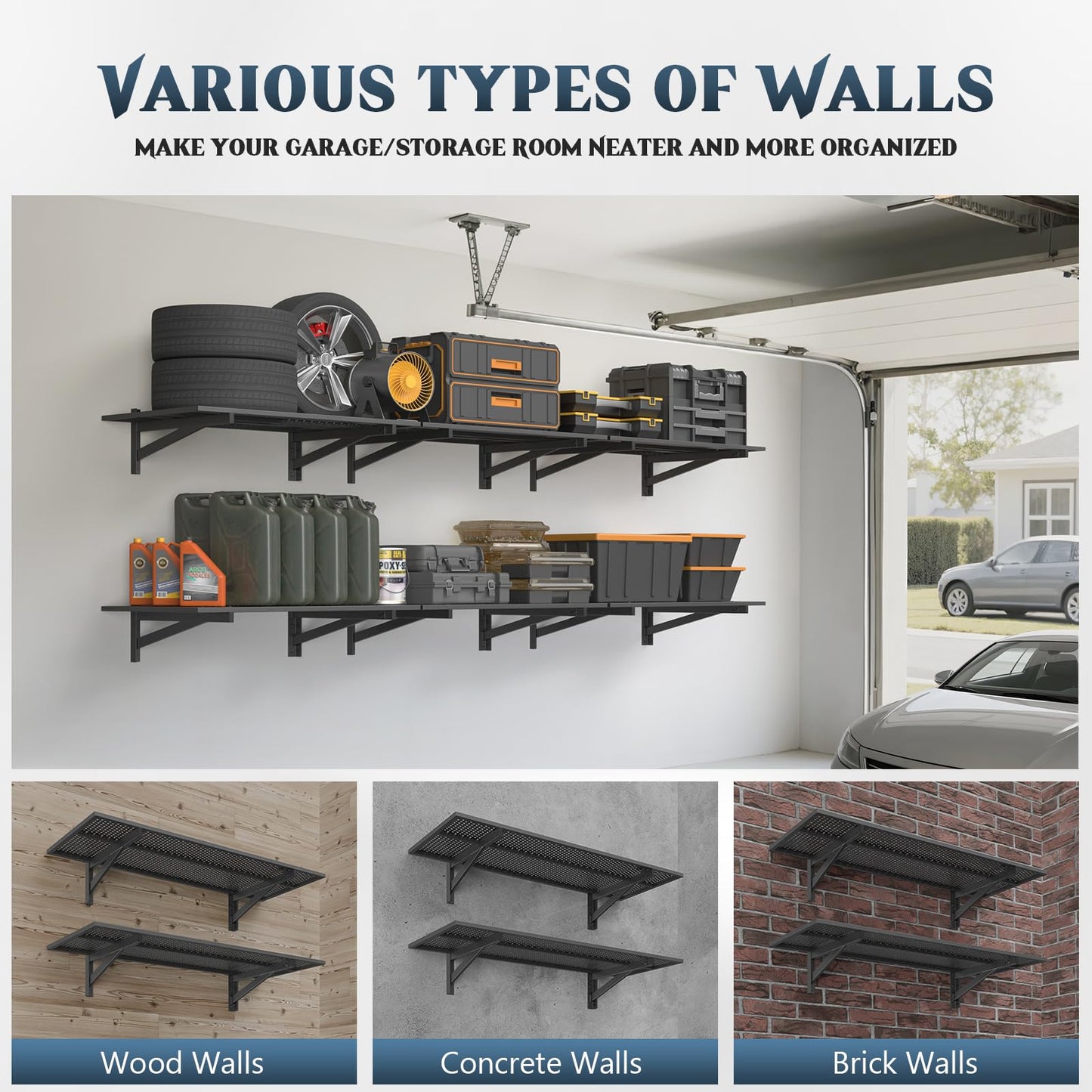Jusgym 2 Pack Heavy Duty Garage Wall Shelving (1.5x4ft), 700lbs Capacity Garage Shelving Wall Mounted, 18"x96"Garage Storage Rack Floating Shelves, Black