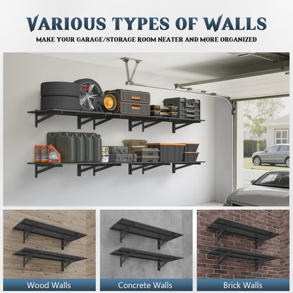 Jusgym 2 Pack Heavy Duty Garage Wall Shelving (1.5x4ft), 700lbs Capacity Garage Shelving Wall Mounted, 18"x96"Garage Storage Rack Floating Shelves, Black