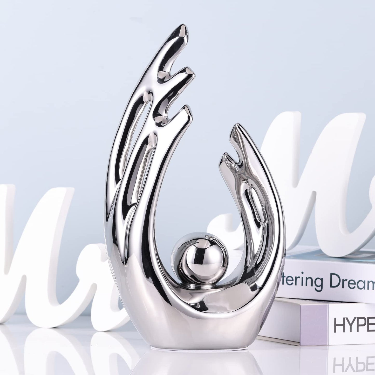 XMGZQ Silver Abstract Art Ceramic Statue Sculpture,Silver Home Modern Centerpiece Dinner Table, Kitchen, Bathroom Mantelpiece Coffee Table Office Aesthetic Decoration Silver Ceramic Statue Decor