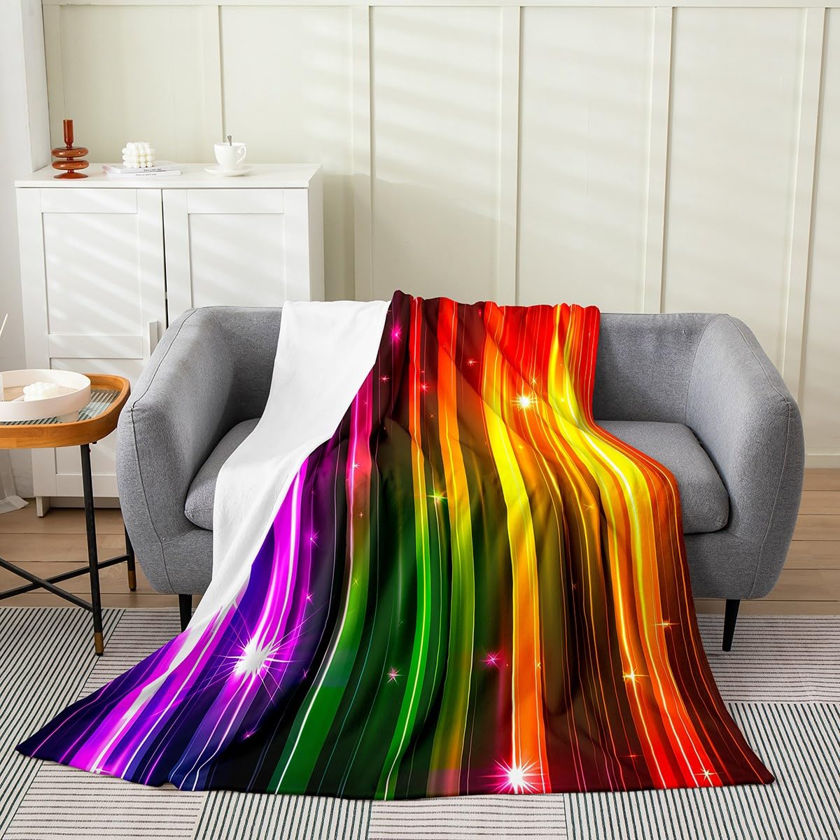 Erosebridal Galaxy Glitter Stars Blanket Twin 60x80 Inch,Ombre Orange Green Throw Blanket,Neon Light Rainbow Striped Fleece Blanket Soft,Abstract Style Sherpa Blanket Warm