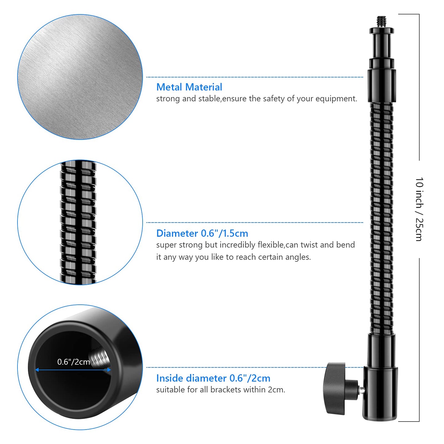 Neewer® 10"/25cm Metal Flexible Tube Arm for LED Video Lights, Ring Flash Light and Other Photography Accessories with 1/4" Screw Thread