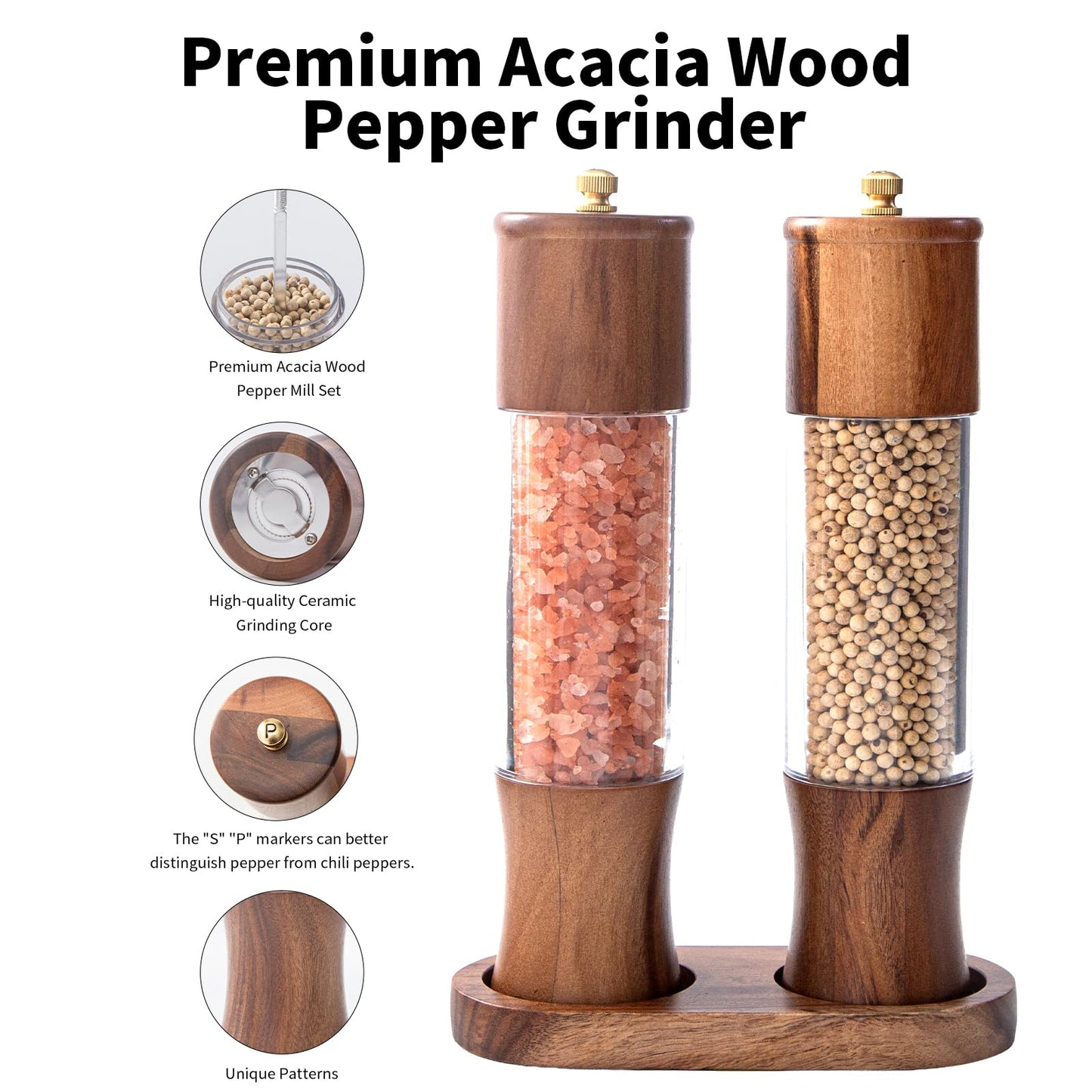 MZROO Wooden Salt and Pepper Grinder Set with Base, 8.5” Manual Pepper Mill and Acacia Wood Salt Shaker with Adjustable Ceramic Core, Refillable Wood Pepper Grinder 2-Pack for Kitchen Dining Gift