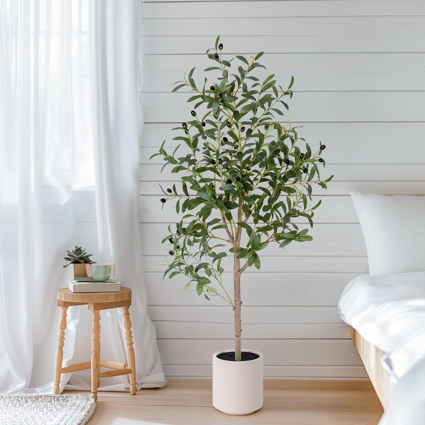AQUGQ Olive Tree Artificial Indoor, 4ft Tall Silk Faux Olive Tree with White Planter, Artificial Plants with Natural Wood Trunk and Lifelike Fruits for Home Office Decor