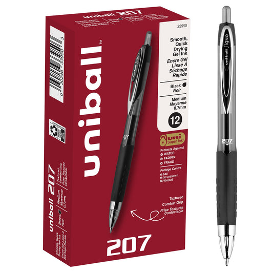 uni-ball 207 Retractable Gel Pens Medium Point, 0.7mm, Black, 12 Pack