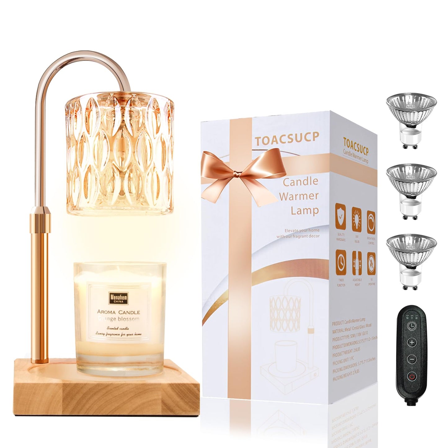Candle Warmer Lamp with 3 Bulbs, Adjustable Height Dimmable Candle Warmer with Timer, Candle Lamp with Charming Gift Box Ribbon,Birthday Gifts for Women Mom, House Warming Gifts New Home Decor