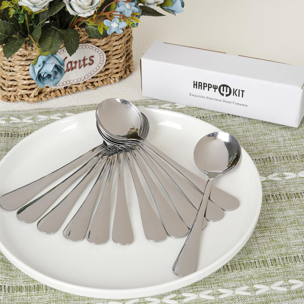 HAPPY KIT Soup Spoons Set 12 Pcs Premium Stainless Steel Round Spoons Heavy-Weight Durable Flatware Set