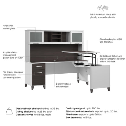 Bush Home 72-Inch L-Shaped Sit to Stand Desk with Hutch, Adjustable Height Standing Corner Computer Desk with Drawers, Shelves, Storage Cabinet, Home Office, Somerset Collection, Storm Gray and White