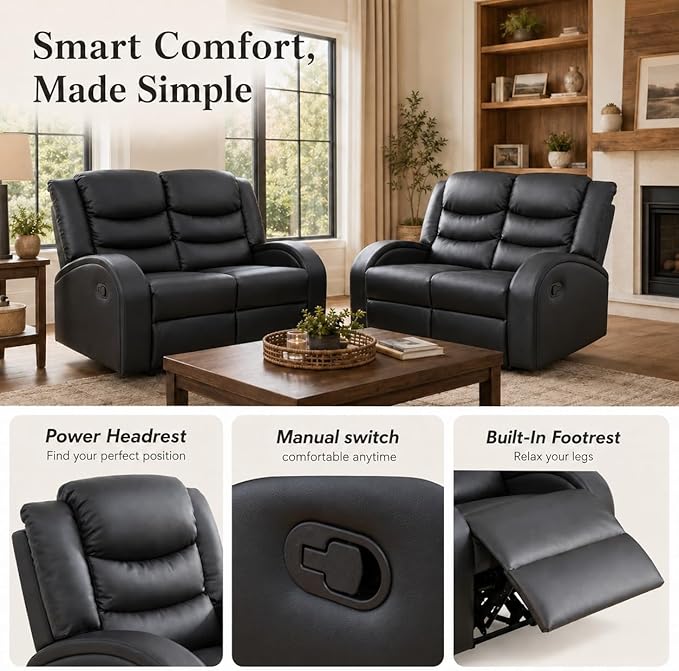Recliner Sofa Set, 2 Piece Living Room Furniture Set, Leather Recliner Sofa