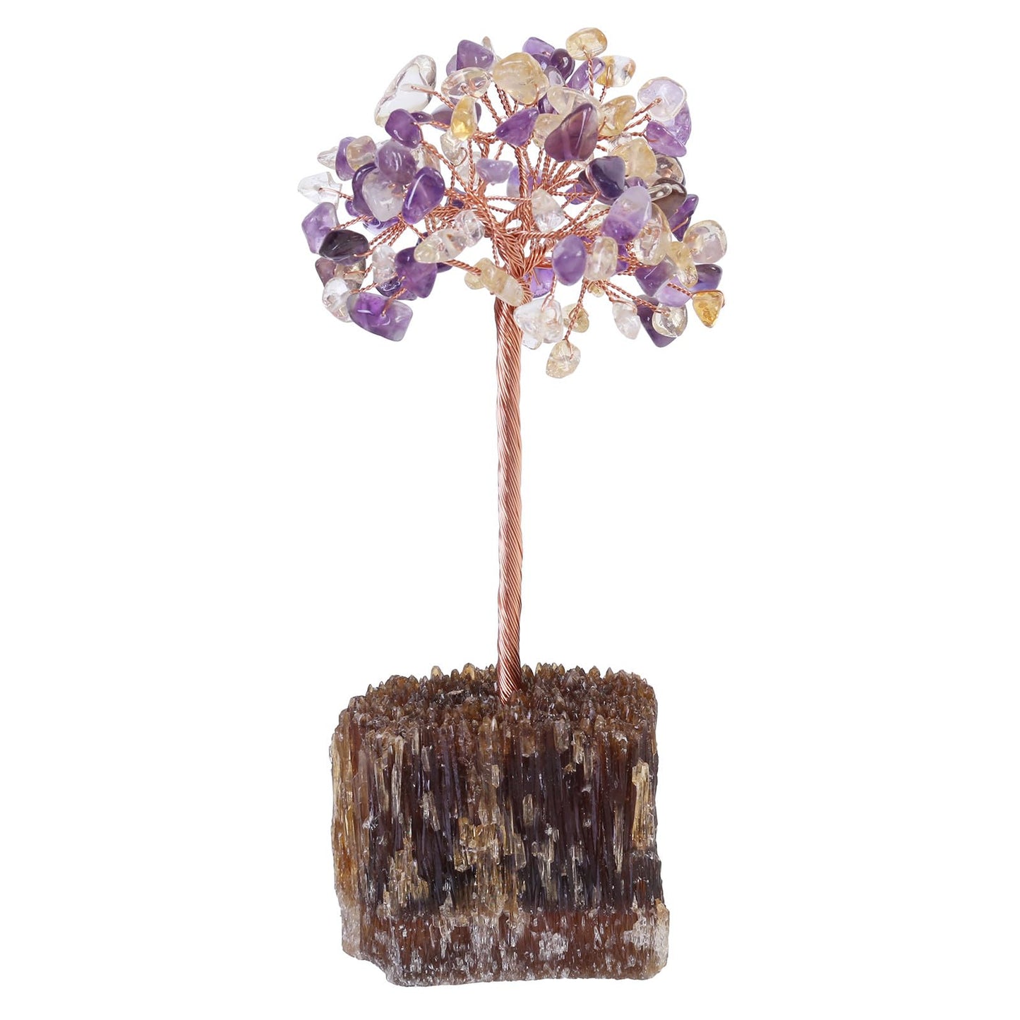 Rockcloud Handmade Amethyst & Citrine Crystal Tree with Amber Calcite Cluster Base Money Tree Tumbled Stones Feng Shui Ornament for Home Office Desktop Decoration