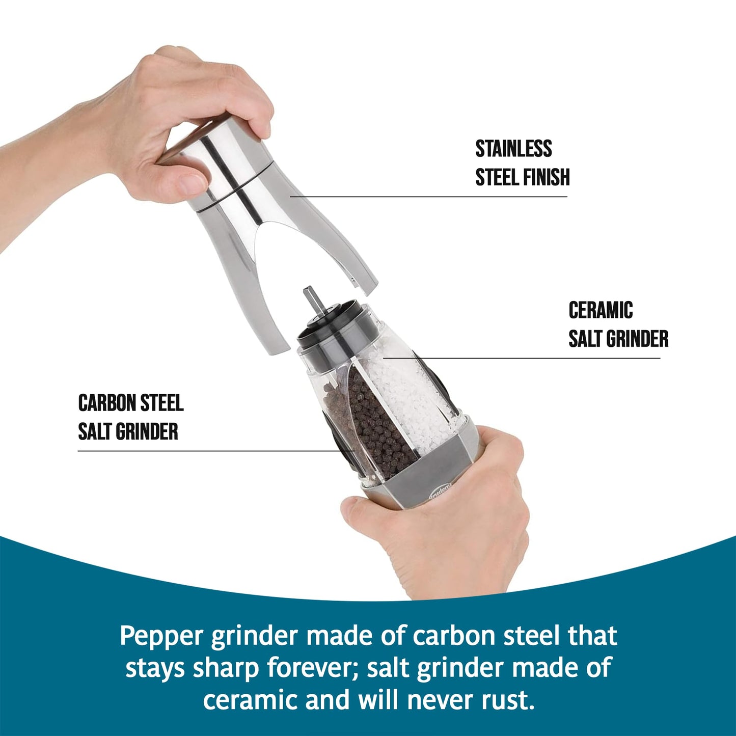 Trudeau Stainless Steel Manual 2-in-1 Salt and Pepper Mill - 7.5-Inch Space-Saving Grinder with Durable Carbon Steel Pepper Grinder and Rust-Proof Ceramic Salt Grinder - Adjustable Grind Settings