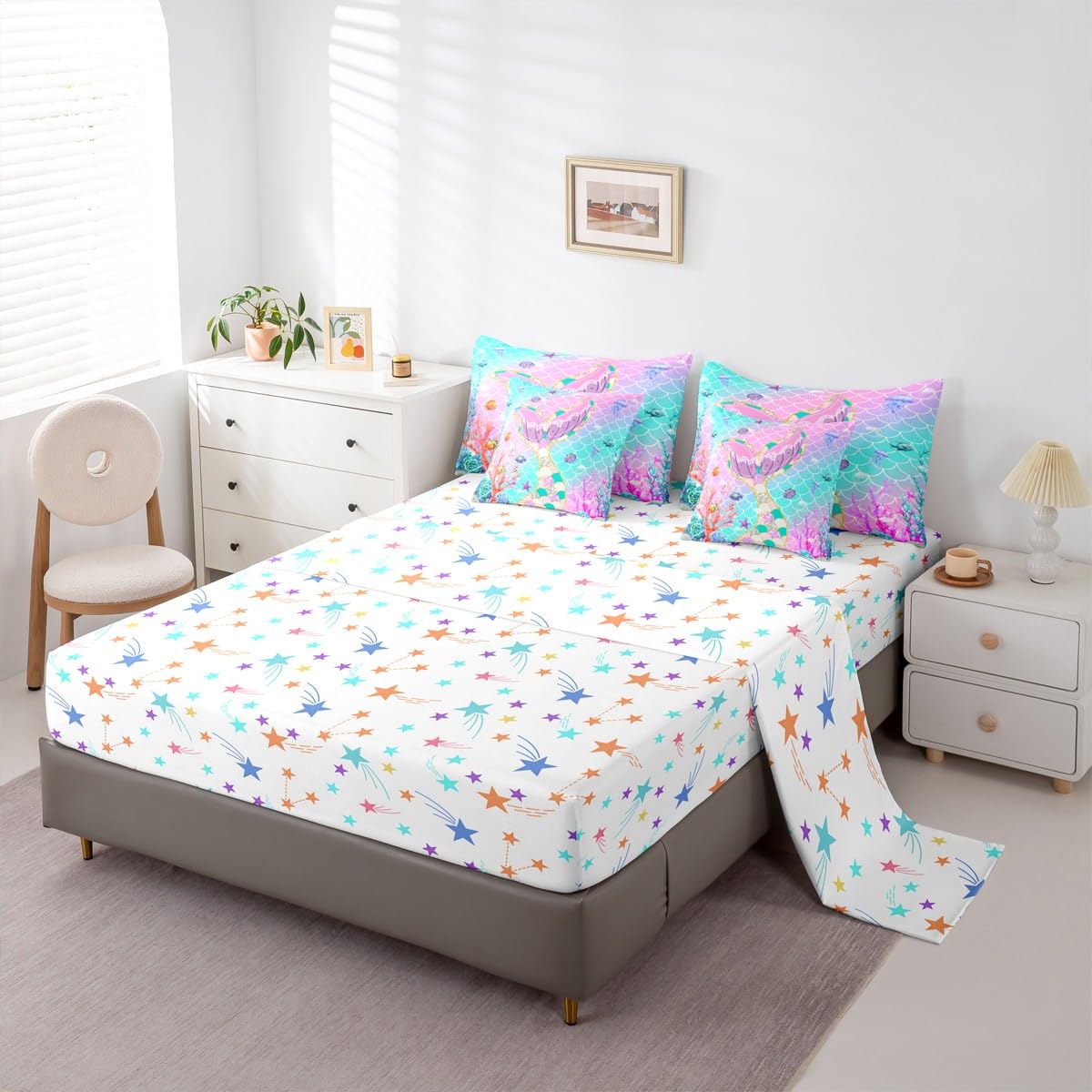 Mermaid Tail Bed in a Bag Queen Comforter Set 7-Piece | Fish Scales Girls Bedding Sets Girly Ombre Rainbow Comforter and Sheet Set,Teal Sequins Pastel Pink Paillette Ocean Life Sea Animal Room Decor